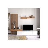 Mueble tv completo en Blanco-Cambria, Fabricado en Melamina, 249,5x42x199,5cm - Moderno y Funcional.