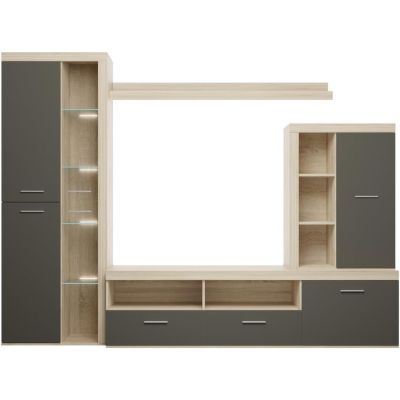Mueble de Salón Moderno con Leds, Acabado en Cambria - Grafito, Medidas: 260 cm (An) x 191 cm (Al) 47,5 cm (Fon) Meyvaser