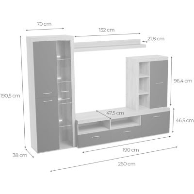 Mueble de Salón Moderno con Leds, Acabado en Cambria - Grafito, Medidas: 260 cm (An) x 191 cm (Al) 47,5 cm (Fon) Meyvaser