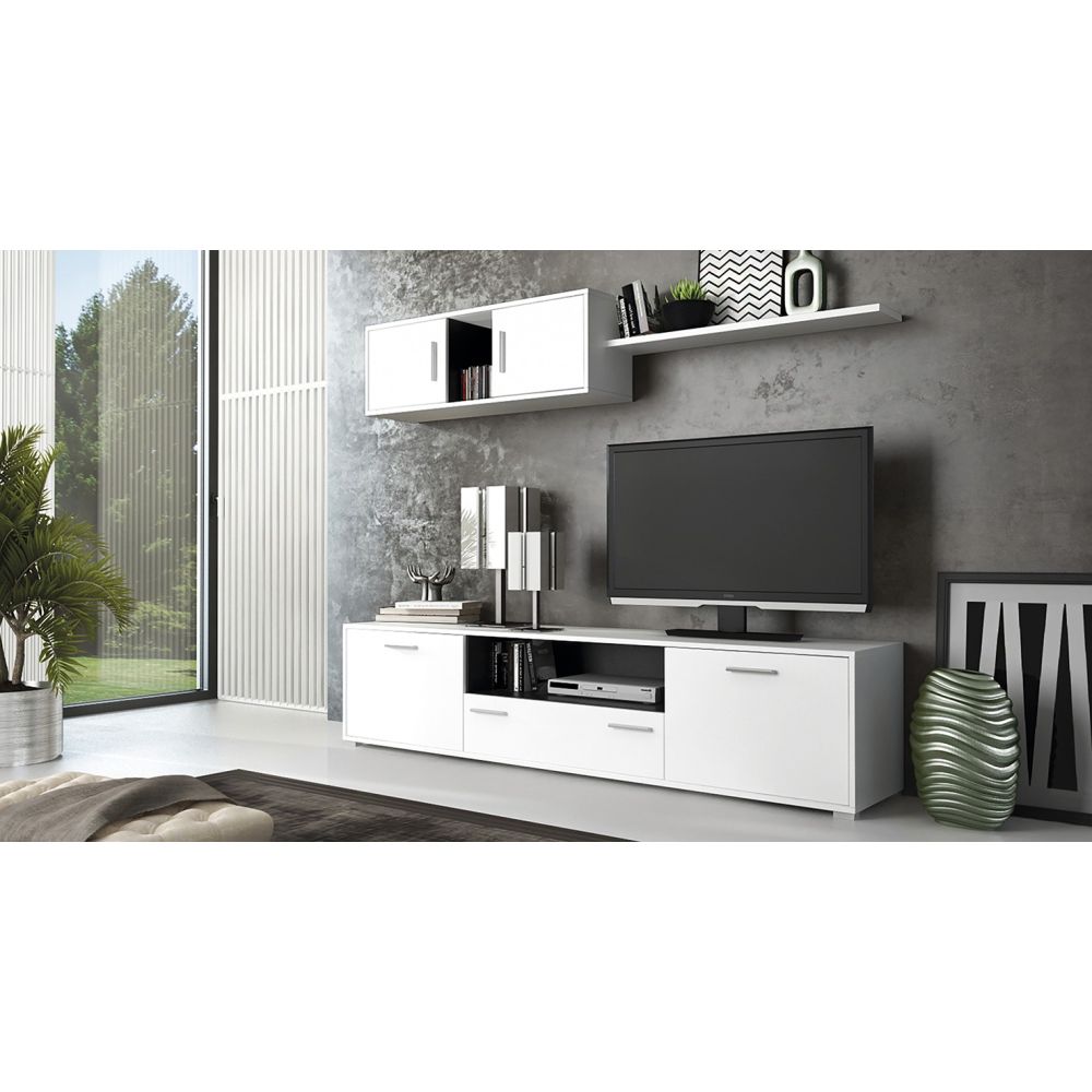 Mueble de salón y TV Composición para salón 200 Cm, blanco gran espacio almacenamiento