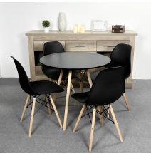 Mesa Redonda de Comedor o Cocina en Patas de Madera y Tapa Negra – 80 cm de Diámetro y 75 cm de Alto.