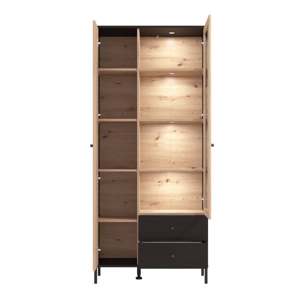 Vitrina Alta en Roble Artisan y Negro con Puerta Estrecha, Puerta Acristalada y 2 Cajones - Medidas 86,5x40x195 cm